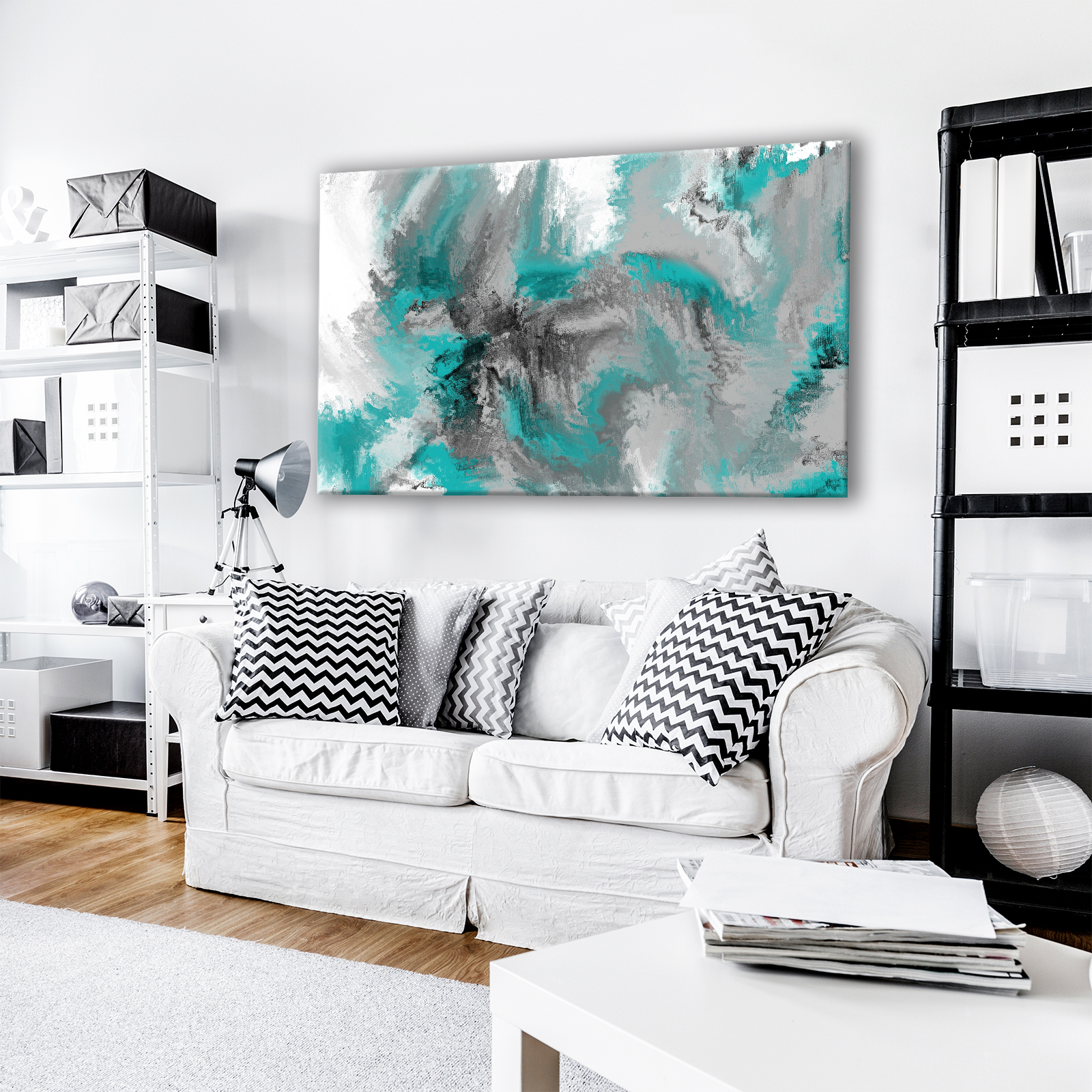 Grey Black White Blue Teal Abstract Canvas Wall Art Large Picture Prints - Picture 2 of 6